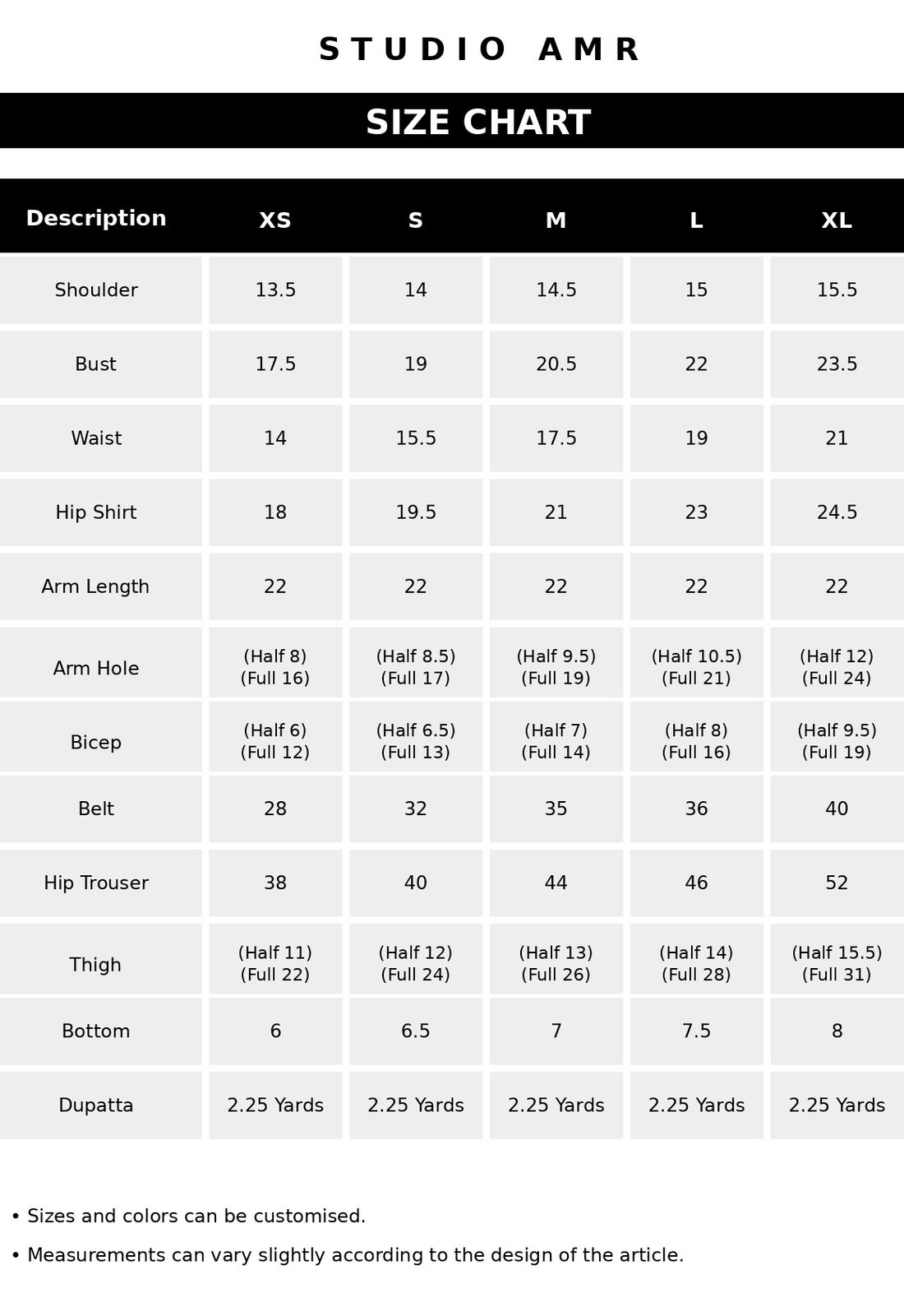 Studio AMR size chart